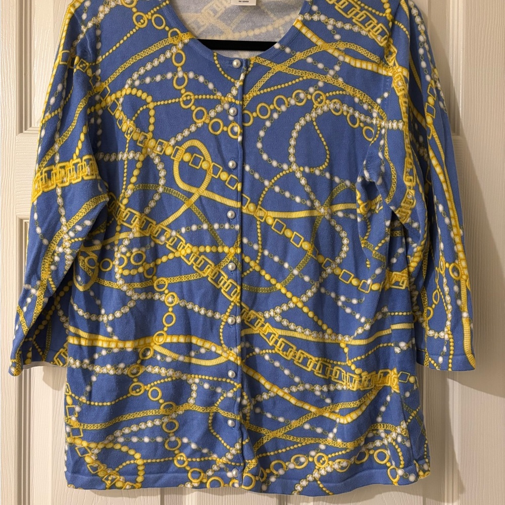 Kate Hill Blue and Gold Boxy Blouse with Mandarin Collar Large